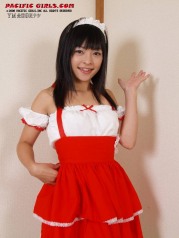 Sweet asian maid in red dress show pink pussy
