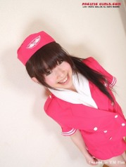 Japanese stewardess in a pink skirt stretches pussy